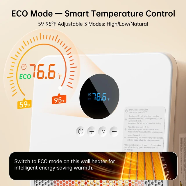 Alt view image 5 of 7 - Wall Heater for Indoor Use, 1500W PTC Ceramic Space Heater, Remote