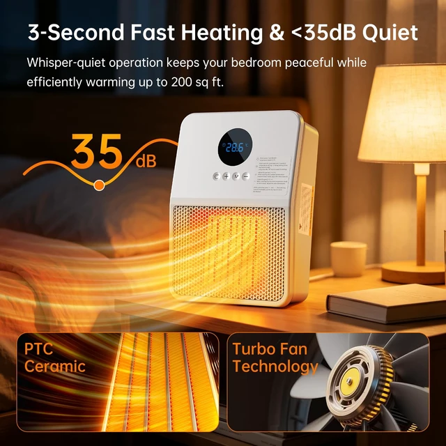 Alt view image 6 of 7 - Wall Heater for Indoor Use, 1500W PTC Ceramic Space Heater, Remote