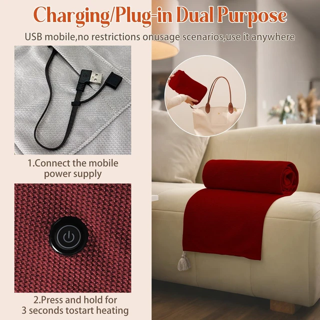 Alt view image 6 of 7 - USB Portable Heated Electric Blanket - Cordless Heated Throw Blanket for Outdoor with 3 Heating Levels-Wearable Shawl for Travel,Camping,Bed-Winter Gifts for Women(Battery Not Included) (Dark Red)