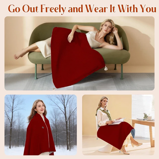Alt view image 7 of 7 - USB Portable Heated Electric Blanket - Cordless Heated Throw Blanket for Outdoor with 3 Heating Levels-Wearable Shawl for Travel,Camping,Bed-Winter Gifts for Women(Battery Not Included) (Dark Red)