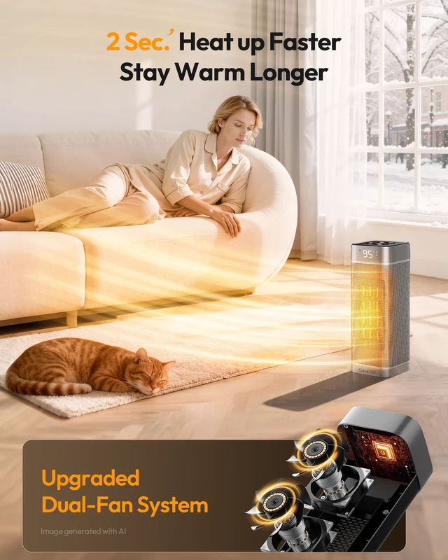 Alt view image 2 of 7 - Gaiatop Space Heaters for Indoor Use, Portable Electric Heater with Thermostat, 1500W PTC Ceramic Room Heater with Remote, 5 Modes, 60° Oscillating, 12H Timer Fast Heating Bedroom Office Bathroom Home