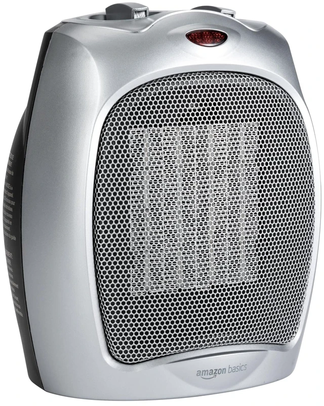 Main image of Amazon Basics Ceramic Space Heater, Portable Indoor Heating Solution, With Overheat and Tip-Over Protection, Thermostat, Non-Oscillating, 1500W, Fast Heating, 7.52"D x 6.34"W x 9.45"H, Silver