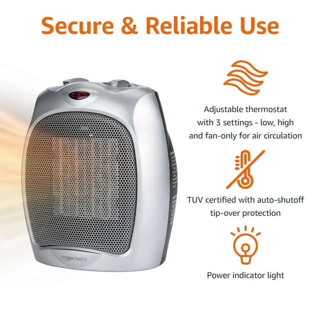 Alt view image 2 of 5 - Amazon Basics Ceramic Space Heater, Portable Indoor Heating Solution, With Overheat and Tip-Over Protection, Thermostat, Non-Oscillating, 1500W, Fast Heating, 7.52"D x 6.34"W x 9.45"H, Silver