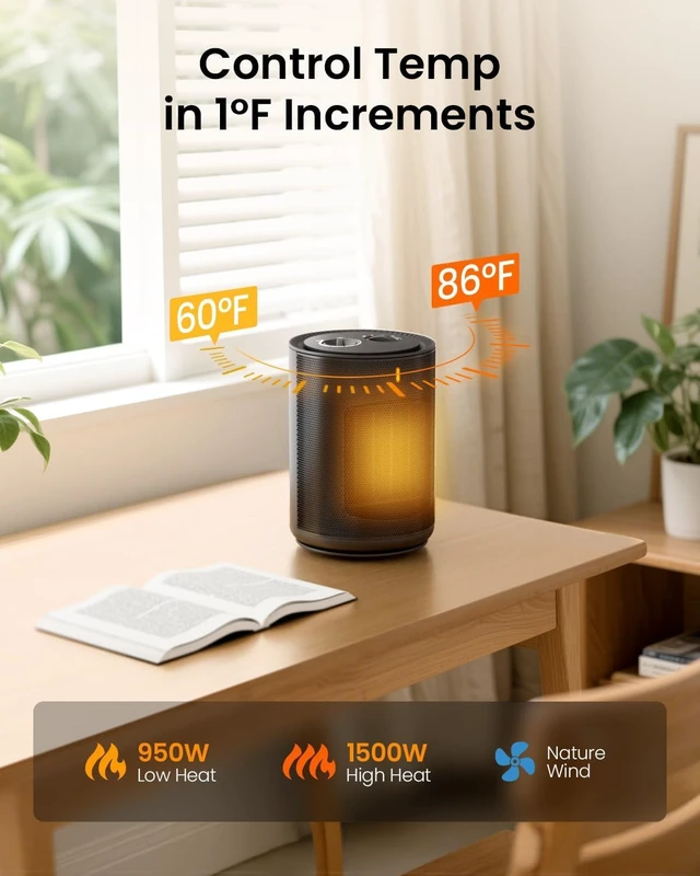 Alt view image 2 of 7 - Electactic Portable Ceramic Space Heater w/Thermostat, 1500W Indoor Electric Mini Heater Fan with Overheat & Tip-Over Protection, PTC Ceramic Fast Safety Heat for Office Room Dorm Desk