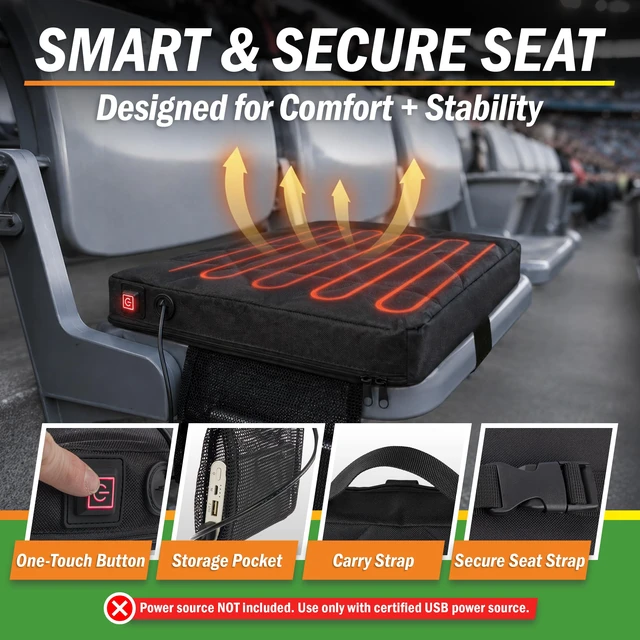 Alt view image 2 of 6 - Wakeman Outdoors Heated Seat Cushion for Stadium or Camping, Black, 15x13