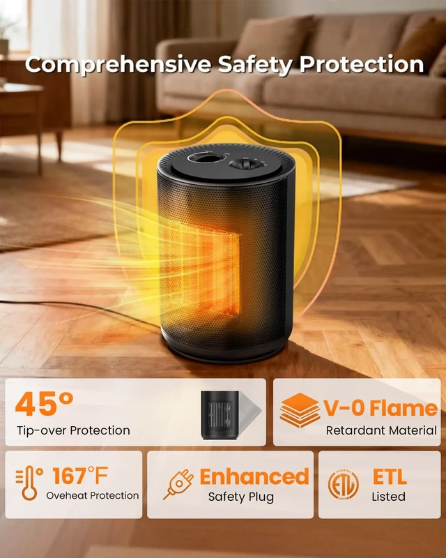Alt view image 4 of 7 - Electactic Portable Ceramic Space Heater w/Thermostat, 1500W Indoor Electric Mini Heater Fan with Overheat & Tip-Over Protection, PTC Ceramic Fast Safety Heat for Office Room Dorm Desk