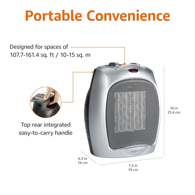 Alt view image 3 of 5 - Amazon Basics Ceramic Space Heater, Portable Indoor Heating Solution, With Overheat and Tip-Over Protection, Thermostat, Non-Oscillating, 1500W, Fast Heating, 7.52"D x 6.34"W x 9.45"H, Silver