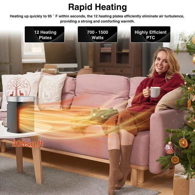 Alt view image 5 of 7 - Small Portable Space Heater for Indoor Use - VOCRS 1500W PTC Electric Heater with Thermostat, Remote Control, 12H Timer, Eco and Fan Mode, Rapid and Safe Heating for Bedroom, Office