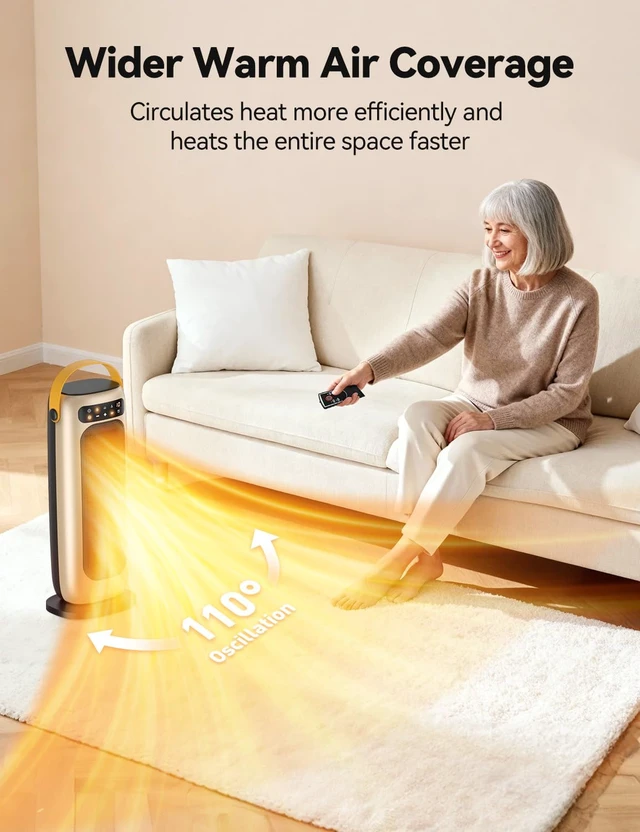 Alt view image 5 of 7 - Space Heater, 1500W PTC Ceramic Electric Heaters for Indoor Use with Remote, 4 Levels Room Heater with LED Touch Display, 110° Oscillation,10H Timer,Fast & Safe Portable Heater for Bedroom Office