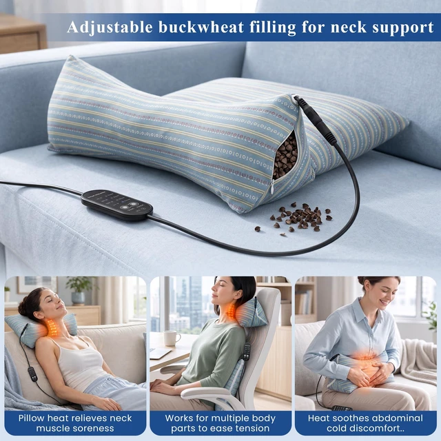 Alt view image 5 of 7 - Heated Buckwheat Pillow for Back Support, Adjustable Buckwheat Filling, Triangle & Square Design for Bed, Sofa, Office Chair and Relaxation