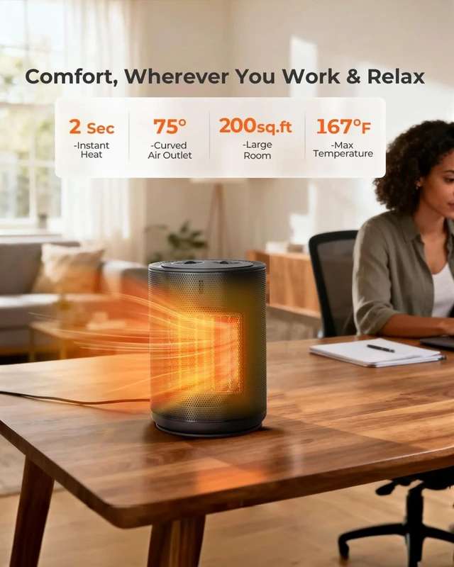 Alt view image 5 of 7 - Electactic Portable Ceramic Space Heater w/Thermostat, 1500W Indoor Electric Mini Heater Fan with Overheat & Tip-Over Protection, PTC Ceramic Fast Safety Heat for Office Room Dorm Desk