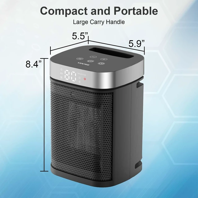 Alt view image 7 of 7 - Small Portable Space Heater for Indoor Use - VOCRS 1500W PTC Electric Heater with Thermostat, Remote Control, 12H Timer, Eco and Fan Mode, Rapid and Safe Heating for Bedroom, Office