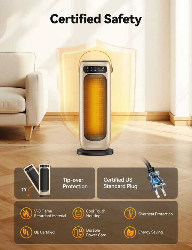 Alt view image 7 of 7 - Space Heater, 1500W PTC Ceramic Electric Heaters for Indoor Use with Remote, 4 Levels Room Heater with LED Touch Display, 110° Oscillation,10H Timer,Fast & Safe Portable Heater for Bedroom Office