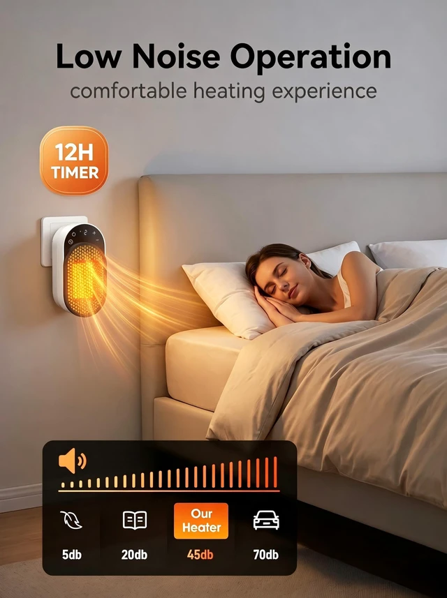 Alt view image 6 of 7 - Wall Outlet Space Heater, 450W Plug in Electric Heater with Adjustable Modes & 12h Timer & Led Display, 3s Fast Heating, Portable Heater for Office Drom Room