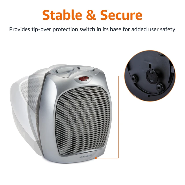 Alt view image 5 of 5 - Amazon Basics Ceramic Space Heater, Portable Indoor Heating Solution, With Overheat and Tip-Over Protection, Thermostat, Non-Oscillating, 1500W, Fast Heating, 7.52"D x 6.34"W x 9.45"H, Silver
