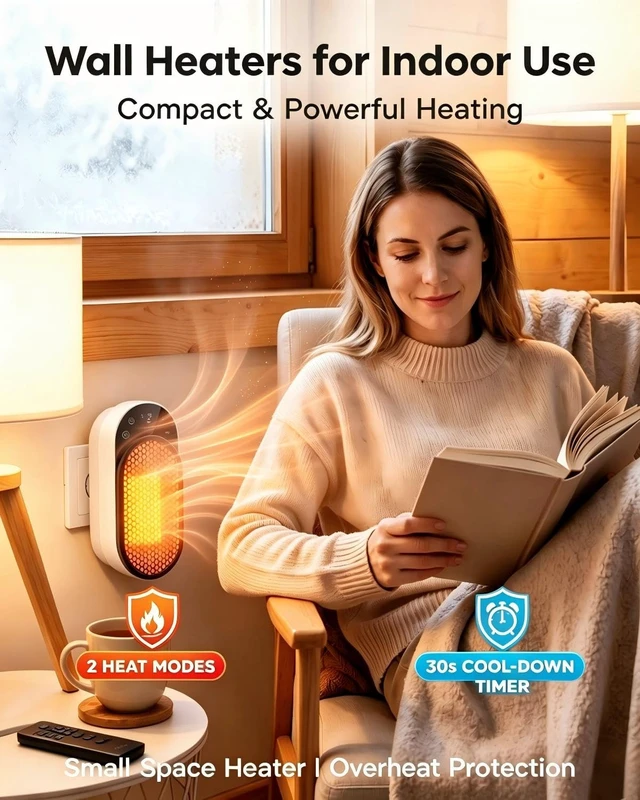 Alt view image 7 of 7 - Wall Outlet Space Heater, 450W Plug in Electric Heater with Adjustable Modes & 12h Timer & Led Display, 3s Fast Heating, Portable Heater for Office Drom Room