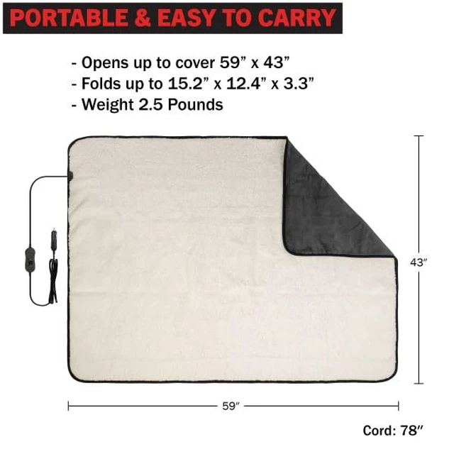 Alt view image 7 of 7 - Stalwart Heated Car Blanket - 12V Heated Blanket for Car, Truck, RV or Camping - 59x43 Portable Electric Travel Throw - 2 Heat Levels - Tailgating Essentials (Gray)