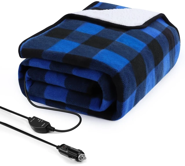 Main image of Heated car Blanket - 12 Volt Electric Blanket for car, Portable Heated Blanket for Car, Truck, SUV, RV & Camping, with Temperature Controller, 59" x 43"(Blue-Black Plaid