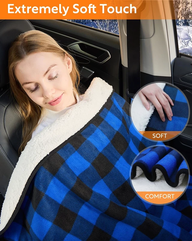 Alt view image 2 of 7 - Heated car Blanket - 12 Volt Electric Blanket for car, Portable Heated Blanket for Car, Truck, SUV, RV & Camping, with Temperature Controller, 59" x 43"(Blue-Black Plaid