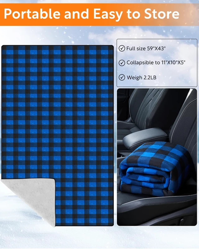 Alt view image 5 of 7 - Heated car Blanket - 12 Volt Electric Blanket for car, Portable Heated Blanket for Car, Truck, SUV, RV & Camping, with Temperature Controller, 59" x 43"(Blue-Black Plaid