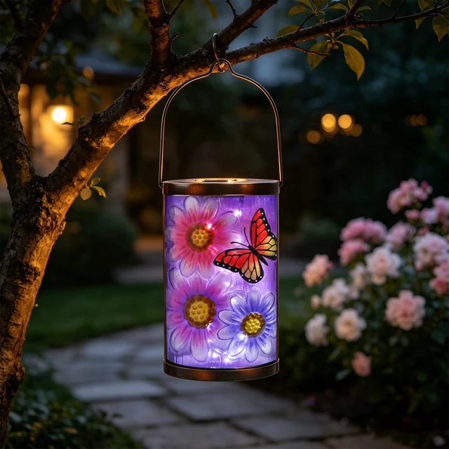 Main image of MUMTOP Butterfly Solar Lantern, Hanging Glass Outdoor Garden Light