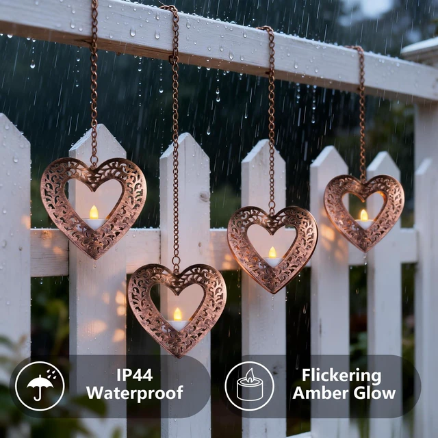 Alt view image 2 of 7 - Hanging Solar Lights for Outside Trees, 4 Pack 4.75in Heart Lanterns with Solar Tea Lights Outdoor Waterproof, Hanging Tree Lantern for Pergolas Patio Decor Wish Valentine's Day Wedding Gifts for Her