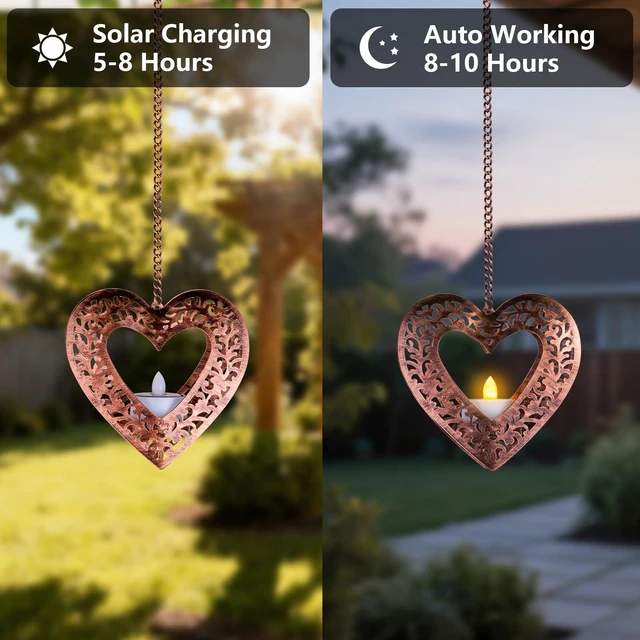 Alt view image 3 of 7 - Hanging Solar Lights for Outside Trees, 4 Pack 4.75in Heart Lanterns with Solar Tea Lights Outdoor Waterproof, Hanging Tree Lantern for Pergolas Patio Decor Wish Valentine's Day Wedding Gifts for Her