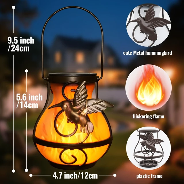 Alt view image 2 of 7 - 2-Pack solar lights outdoor Decorative Lanterns - Hanging Flame Effect Waterproof Plastic Hummingbird-Shaped Lights, patio decorations outdoorfor Outdoor Patios, Gardens, Balconies, and More