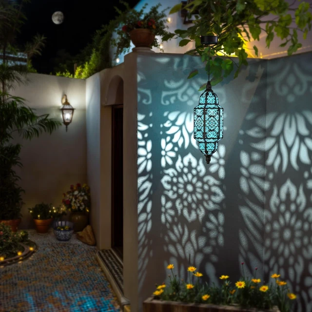 Alt view image 2 of 6 - Twinkya Hanging Solar Lights Outdoor Garden Decorative Solar Lantern Waterproof Metal Moroccan Outdoor Decorations for Patio Pathway Yard Porch Backyard Garden Decor (Black, 1 Pack)