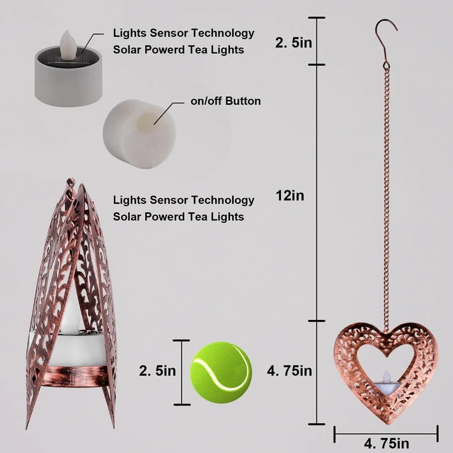 Alt view image 4 of 7 - Hanging Solar Lights for Outside Trees, 4 Pack 4.75in Heart Lanterns with Solar Tea Lights Outdoor Waterproof, Hanging Tree Lantern for Pergolas Patio Decor Wish Valentine's Day Wedding Gifts for Her