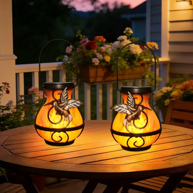 Alt view image 3 of 7 - 2-Pack solar lights outdoor Decorative Lanterns - Hanging Flame Effect Waterproof Plastic Hummingbird-Shaped Lights, patio decorations outdoorfor Outdoor Patios, Gardens, Balconies, and More