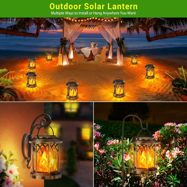 Alt view image 4 of 7 - KOOPER 2 Pack Solar Lanterns Outdoor Waterproof, Upgraded Flickering Flame Solar Lantern Lights, Auto On/Off Lanterns Decorative Outdoor, Outdoor Hanging Lantern for Yard Garden Table Decor (Bronze )