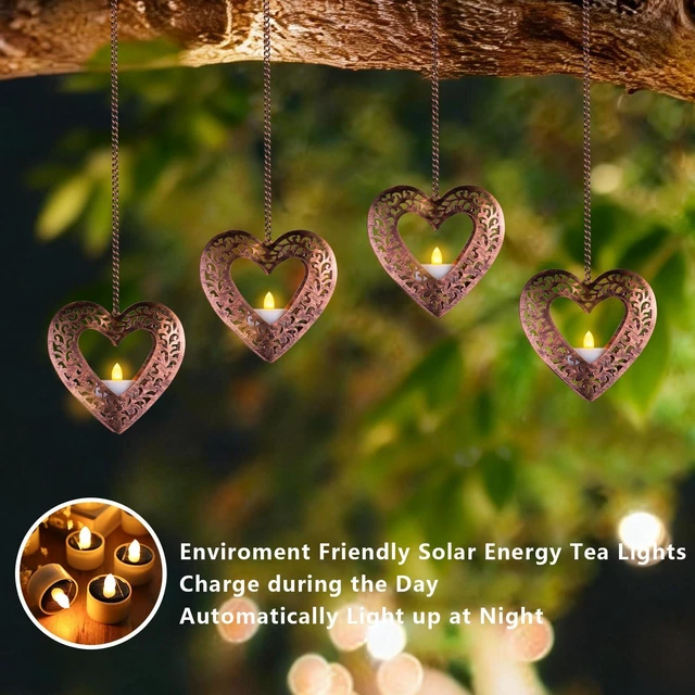 Alt view image 5 of 7 - Hanging Solar Lights for Outside Trees, 4 Pack 4.75in Heart Lanterns with Solar Tea Lights Outdoor Waterproof, Hanging Tree Lantern for Pergolas Patio Decor Wish Valentine's Day Wedding Gifts for Her