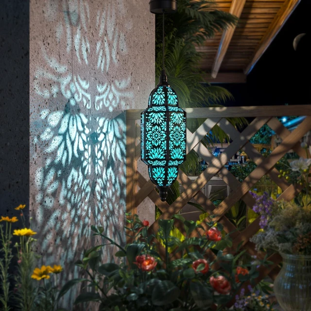 Alt view image 4 of 6 - Twinkya Hanging Solar Lights Outdoor Garden Decorative Solar Lantern Waterproof Metal Moroccan Outdoor Decorations for Patio Pathway Yard Porch Backyard Garden Decor (Black, 1 Pack)