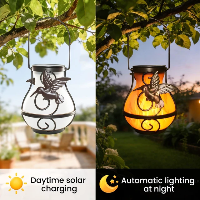 Alt view image 5 of 7 - 2-Pack solar lights outdoor Decorative Lanterns - Hanging Flame Effect Waterproof Plastic Hummingbird-Shaped Lights, patio decorations outdoorfor Outdoor Patios, Gardens, Balconies, and More