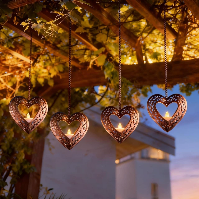 Alt view image 6 of 7 - Hanging Solar Lights for Outside Trees, 4 Pack 4.75in Heart Lanterns with Solar Tea Lights Outdoor Waterproof, Hanging Tree Lantern for Pergolas Patio Decor Wish Valentine's Day Wedding Gifts for Her