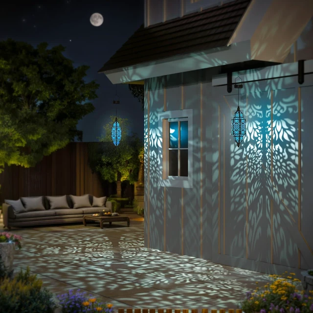 Alt view image 5 of 6 - Twinkya Hanging Solar Lights Outdoor Garden Decorative Solar Lantern Waterproof Metal Moroccan Outdoor Decorations for Patio Pathway Yard Porch Backyard Garden Decor (Black, 1 Pack)