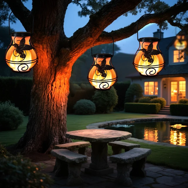 Alt view image 6 of 7 - 2-Pack solar lights outdoor Decorative Lanterns - Hanging Flame Effect Waterproof Plastic Hummingbird-Shaped Lights, patio decorations outdoorfor Outdoor Patios, Gardens, Balconies, and More