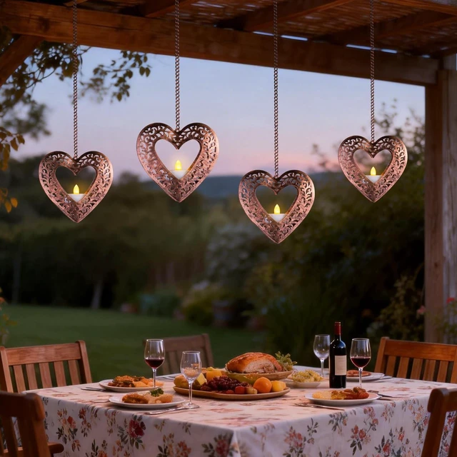 Alt view image 7 of 7 - Hanging Solar Lights for Outside Trees, 4 Pack 4.75in Heart Lanterns with Solar Tea Lights Outdoor Waterproof, Hanging Tree Lantern for Pergolas Patio Decor Wish Valentine's Day Wedding Gifts for Her