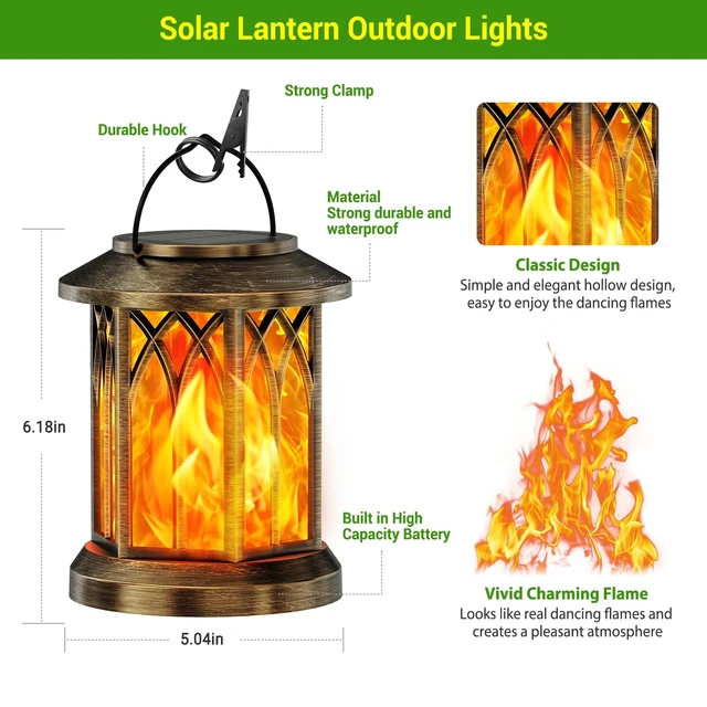 Alt view image 7 of 7 - KOOPER 2 Pack Solar Lanterns Outdoor Waterproof, Upgraded Flickering Flame Solar Lantern Lights, Auto On/Off Lanterns Decorative Outdoor, Outdoor Hanging Lantern for Yard Garden Table Decor (Bronze )
