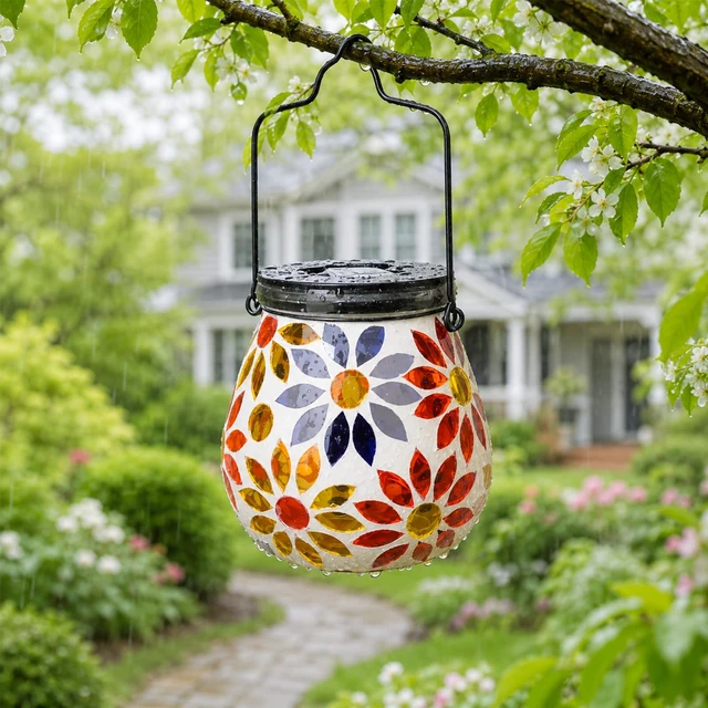 Alt view image 5 of 7 - Afirst Outdoor Solar Lantern Waterproof Mosaic Glass Hanging Garden Light