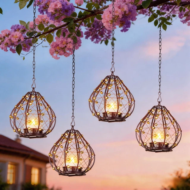 Main image of Outdoor Solar Hanging Lantern, 4 Pack Hand Woven Copper Wire Teardrop Candle Holders with Solar Tea Lights, IP65 Waterproof Chandelier for Gazebo, Tree, Pergola, Patio Garden Decor