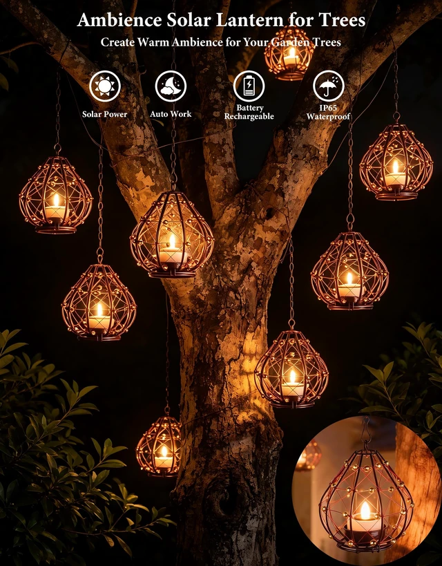 Alt view image 2 of 7 - Outdoor Solar Hanging Lantern, 4 Pack Hand Woven Copper Wire Teardrop Candle Holders with Solar Tea Lights, IP65 Waterproof Chandelier for Gazebo, Tree, Pergola, Patio Garden Decor