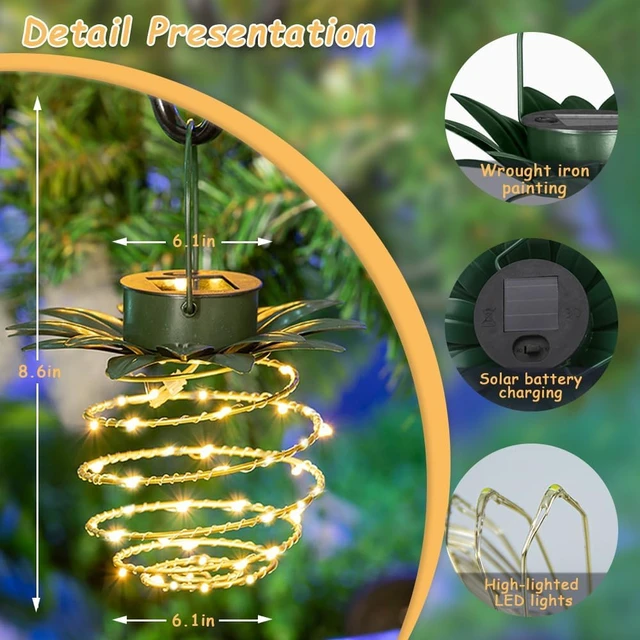 Alt view image 3 of 7 - JHPGEOE 2 Pack Outdoor Solar Hanging Lantern Lights - 60LED Waterproof Solar Pineapple Light Outdoor for Garden,Yard Porch Lawn Backyard Landscape Pathway Patio Outside Gardening
