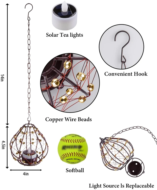 Alt view image 3 of 7 - Outdoor Solar Hanging Lantern, 4 Pack Hand Woven Copper Wire Teardrop Candle Holders with Solar Tea Lights, IP65 Waterproof Chandelier for Gazebo, Tree, Pergola, Patio Garden Decor