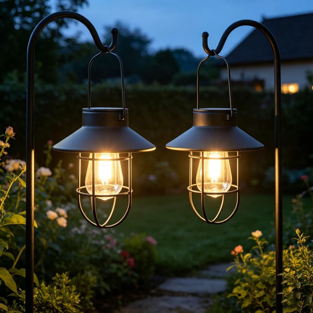 Main image of Solar Lantern 2pack Outdoor Hanging Light- Waterproof Vintage Metal Light with Shepherd Hook Decorative for Patio, Backyard, Porch, Yard (Black)