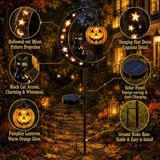 Alt view image 2 of 7 - Solar Halloween Black Cat & Pumpkin Moon Garden Stake Light, Waterproof Outdoor Moon Light with Hanging Pumpkin Lantern, Outdoor Halloween Yard Decor for Garden, Patio, Lawn, Pathway (Style C)