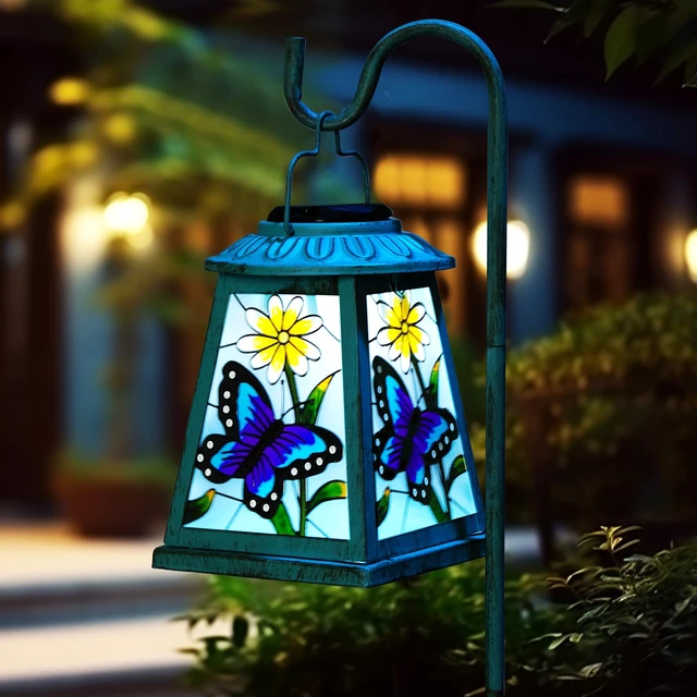 Alt view image 2 of 7 - Butterfly Solar Lantern with Shepherd Hook, Outdoor Hanging Metal LED Garden Light Waterproof for Patio Yard Pathway, Butterfly Lantern Decor and Christmas Holiday Gift for Mom Grandma Women