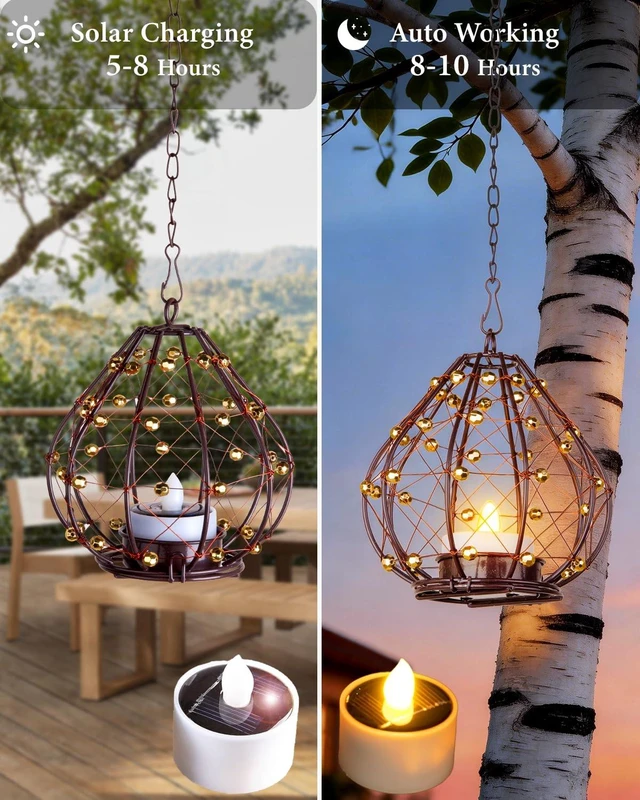 Alt view image 4 of 7 - Outdoor Solar Hanging Lantern, 4 Pack Hand Woven Copper Wire Teardrop Candle Holders with Solar Tea Lights, IP65 Waterproof Chandelier for Gazebo, Tree, Pergola, Patio Garden Decor