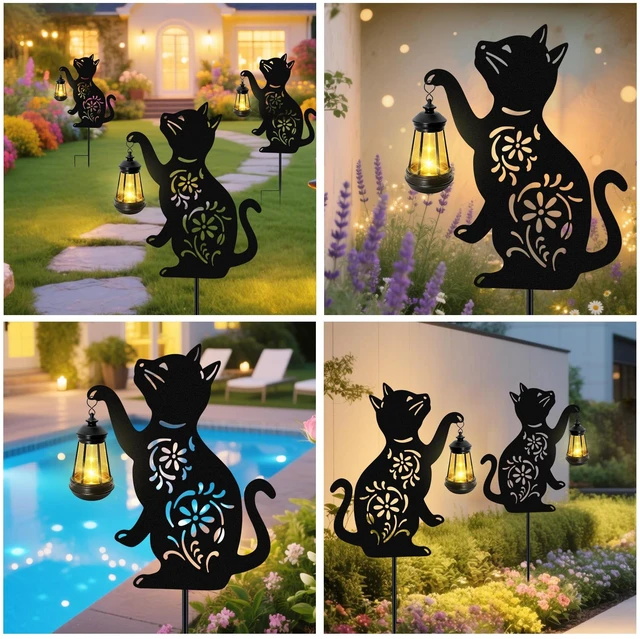 Alt view image 5 of 6 - Solar Cat Hanging Lantern Outdoor, 2 Pack Black Cat Solar Lights, Cat Lover Gifts for Women Mom Grandma Birthday Mother's Day, Waterproof Garden Ornaments Decor Outside Backyard Patio Pathway